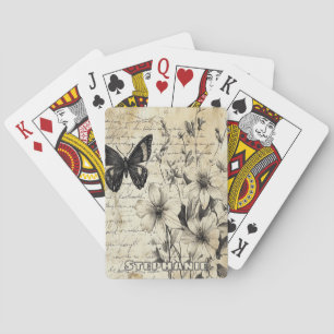 Rustic Flowers and Butterfly - Aged Paper (1) Playing Cards