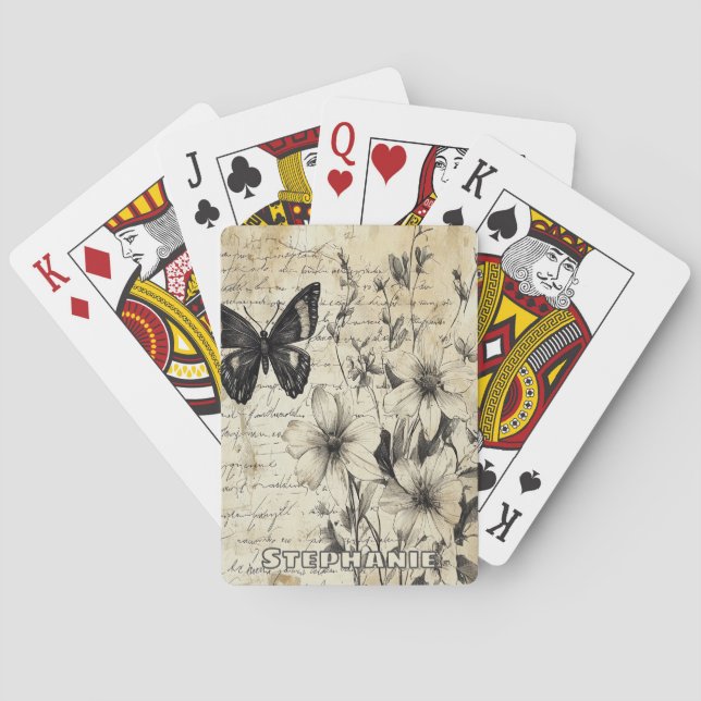 Rustic Flowers and Butterfly - Aged Paper (1) Playing Cards (Back)