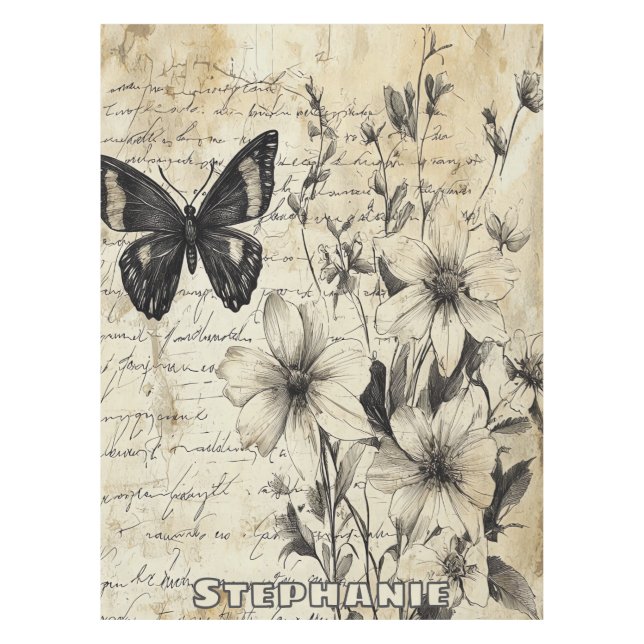 Rustic Flowers and Butterfly - Aged Paper (1) Tablecloth (Front)