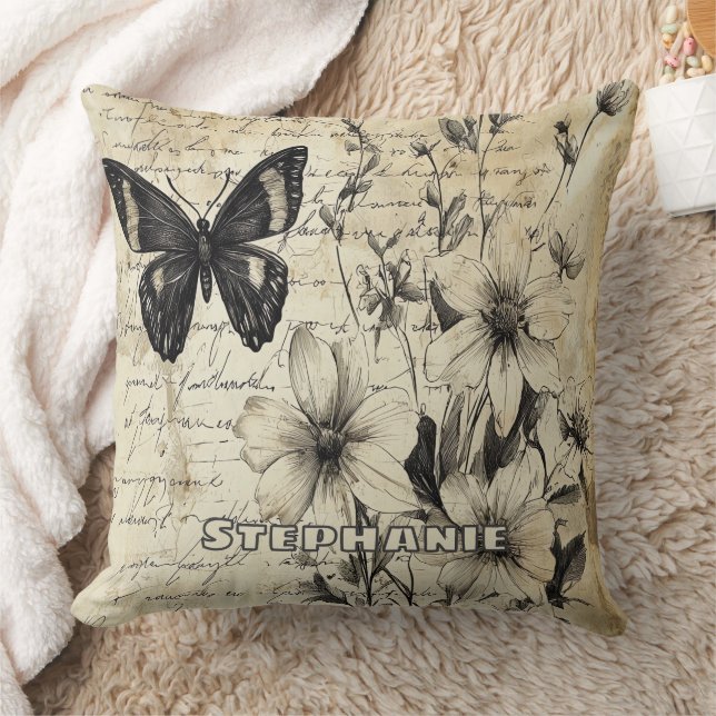 Rustic Flowers and Butterfly - Aged Paper (1) Throw Pillow (Blanket)