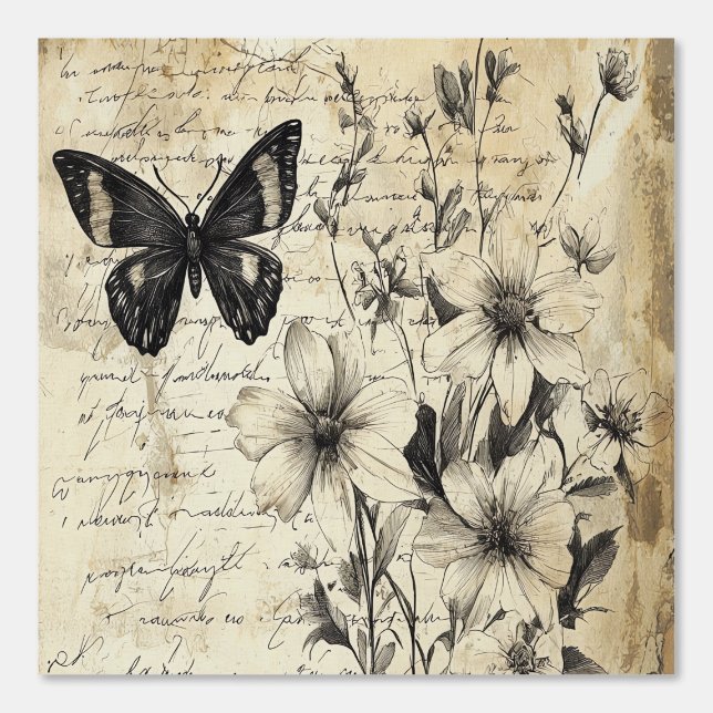 Rustic Flowers and Butterfly - Aged Paper (1) Wallpaper (Front)
