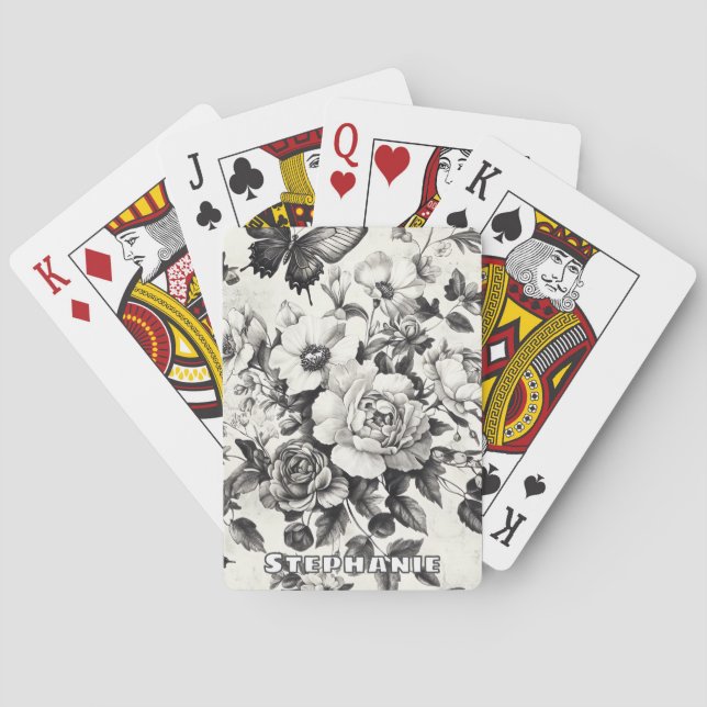 Rustic Flowers and Butterfly - Aged Paper (3) Playing Cards (Back)