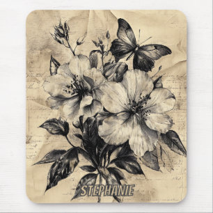 Rustic Flowers and Butterfly - Aged Paper (4) Mouse Pad