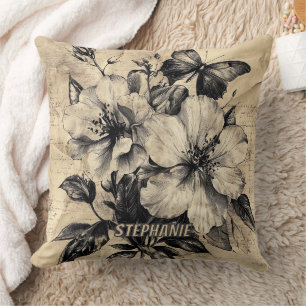 Rustic Flowers and Butterfly - Aged Paper (4) Throw Pillow
