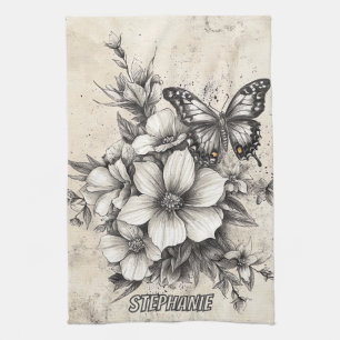 Rustic Flowers and Butterfly - Aged Paper (5) Kitchen Towel