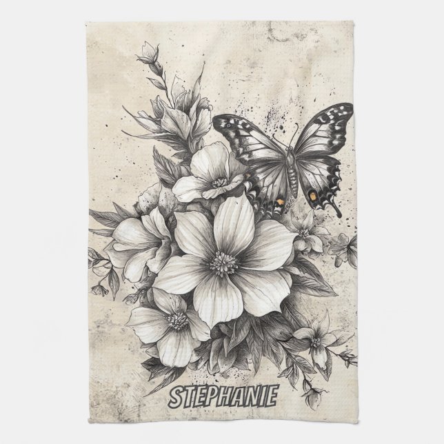 Rustic Flowers and Butterfly - Aged Paper (5) Kitchen Towel (Vertical)