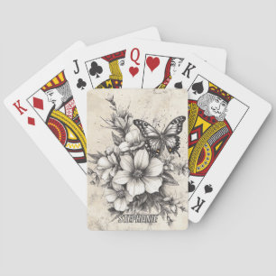 Rustic Flowers and Butterfly - Aged Paper (5) Playing Cards