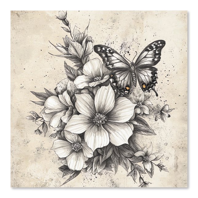 Rustic Flowers and Butterfly - Aged Paper (5) Wallpaper (Front)