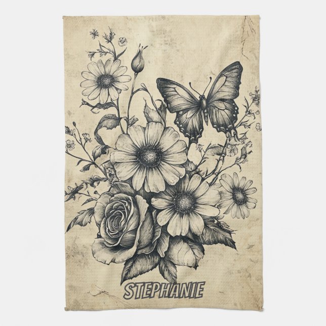 Rustic Flowers and Butterfly - Aged Paper (6) Kitchen Towel (Vertical)