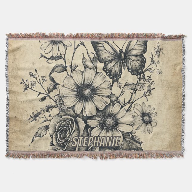 Rustic Flowers and Butterfly - Aged Paper (6) Throw Blanket (Front)