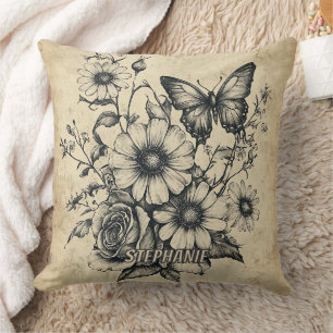 Rustic Flowers and Butterfly - Aged Paper (6) Throw Pillow