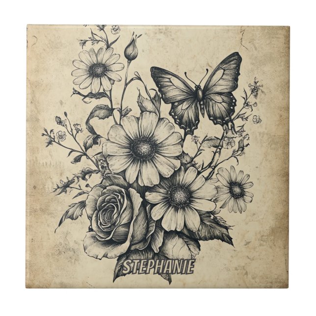 Rustic Flowers and Butterfly - Aged Paper (6) Tile (Front)