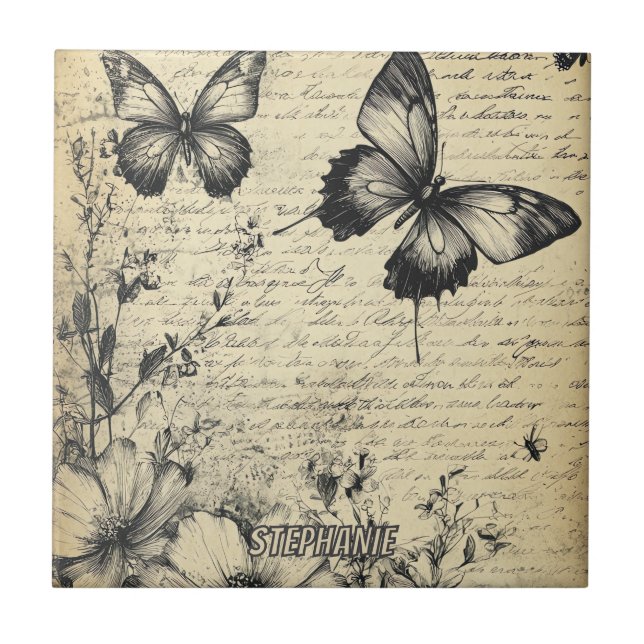 Rustic Flowers and Butterfly - Aged Paper (7) Tile (Front)