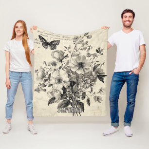 Rustic Flowers and Butterfly - Aged Paper (8) Fleece Blanket