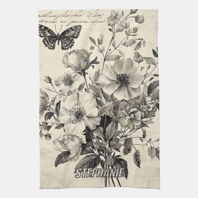Rustic Flowers and Butterfly - Aged Paper (8) Kitchen Towel (Vertical)