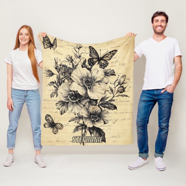 Rustic Flowers and Butterfly - Aged Paper (9) Fleece Blanket (In Situ)