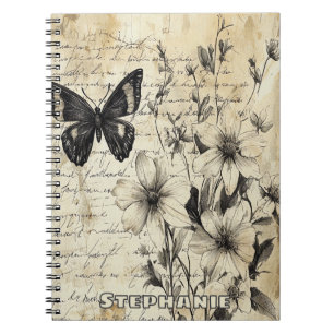 Rustic Flowers and Butterfly - Aged Paper Notebook