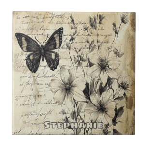 Rustic Flowers and Butterfly - Aged Paper Tile
