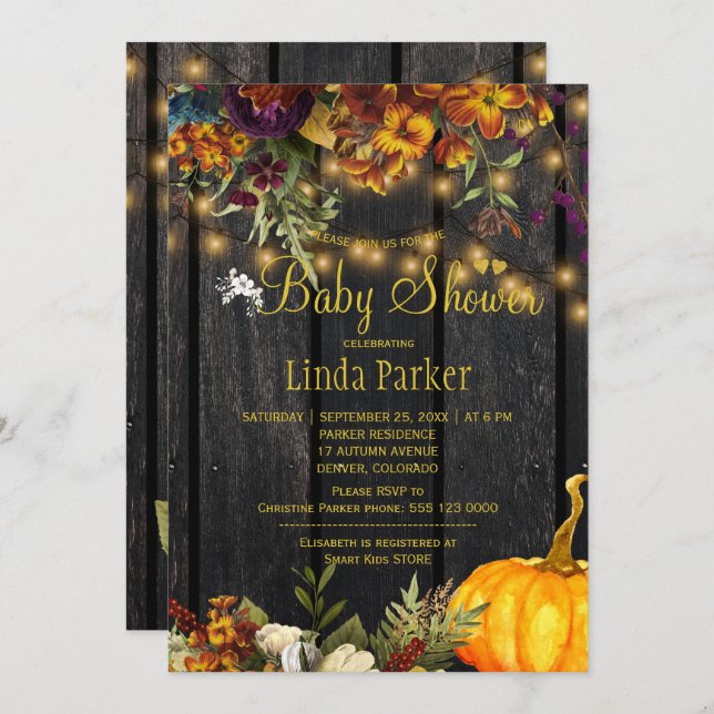 Rustic flowers barn wood autumn fall baby shower invitation (Front/Back)