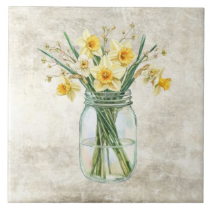 Rustic Flowers Daffodils in Vintage Jar Tile
