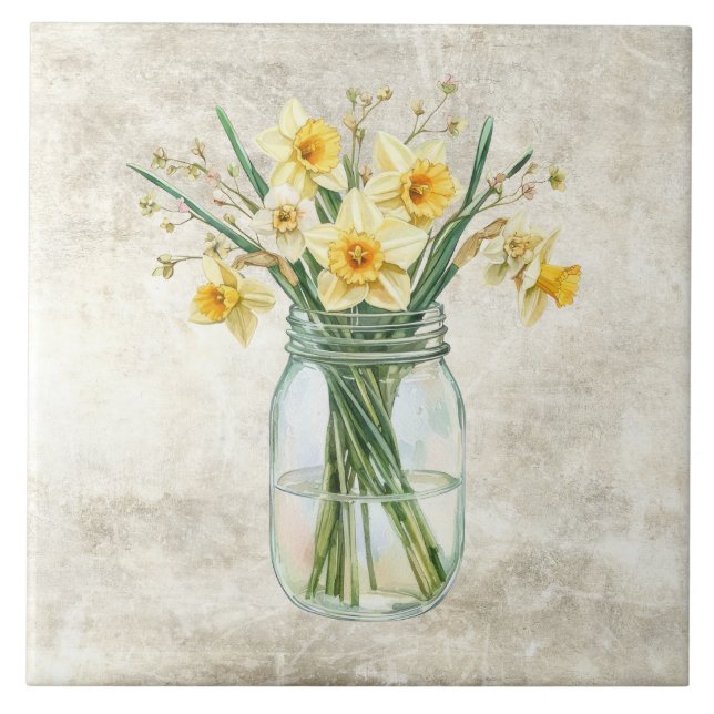 Rustic Flowers Daffodils in Vintage Jar  Tile (Front)