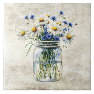 Rustic Flowers Daisies in Vintage Jar  Tile