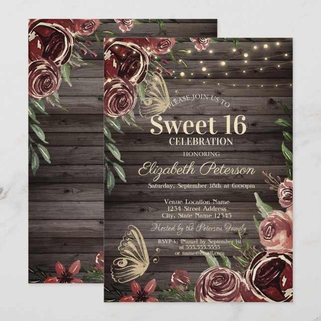 Rustic Flowers Glitter Bitterflies Wood Sweet 16 Invitation (Front/Back)
