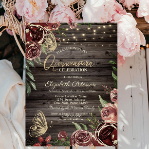Rustic Flowers Glitter Butterflies Wood Invitation