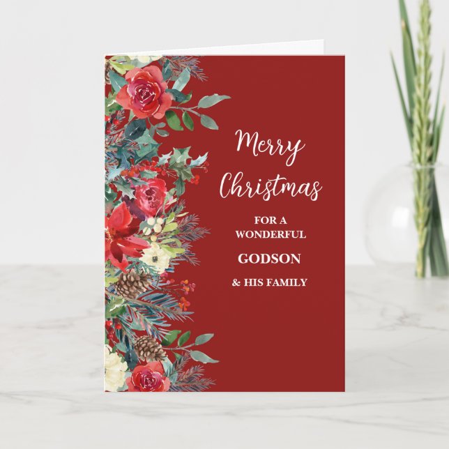 Rustic Flowers Godson & Family Merry Christmas Card (Front)