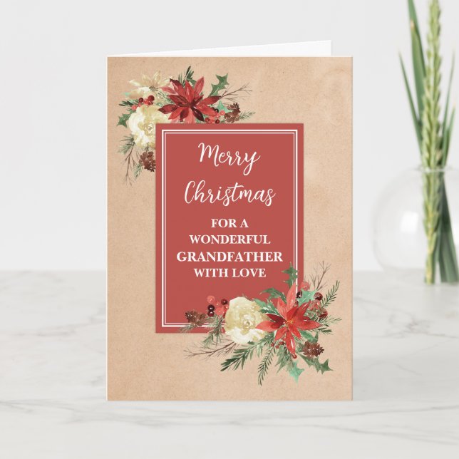 Rustic Flowers Grandfather Merry Christmas Card (Front)