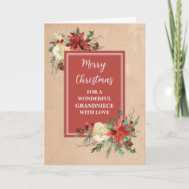 Rustic Flowers Grandniece Merry Christmas Card (Front)