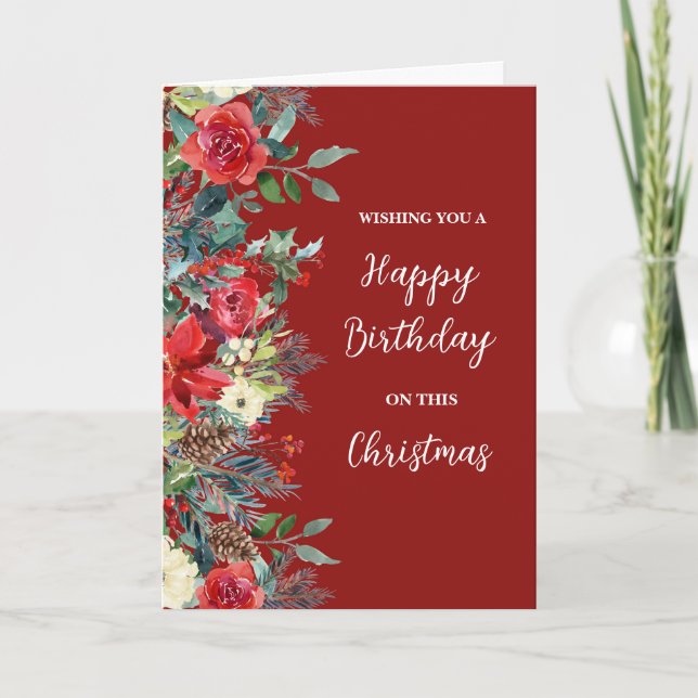 Rustic Flowers Happy Birthday on Christmas Card (Front)