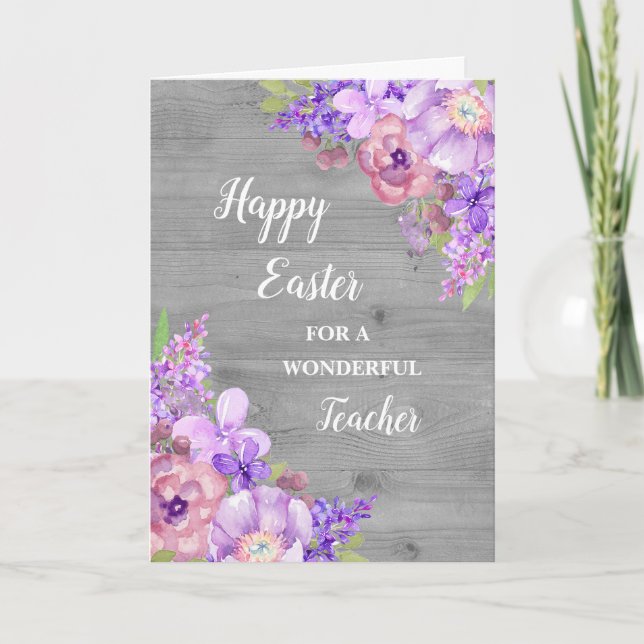 Rustic Flowers Happy Easter Teacher Holiday Card (Front)