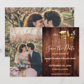 Rustic flowers monogrammed photo Save the Date Invitation