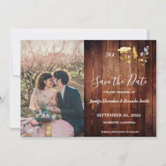 Rustic flowers monogrammed photo Save the Date Invitation