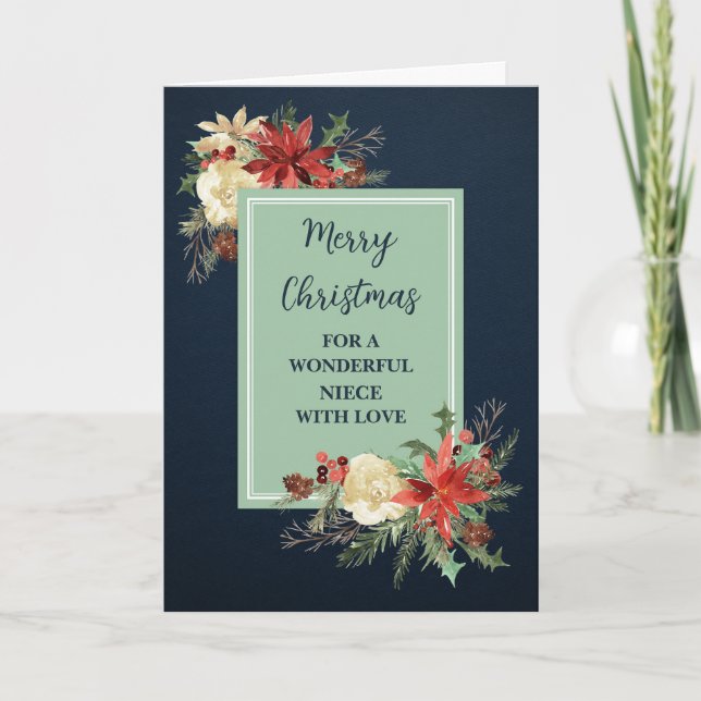 Rustic Flowers Niece Merry Christmas Card (Front)