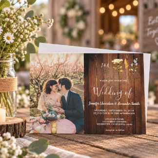 Rustic flowers on barn wood monogram photo Wedding Invitation