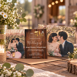 Rustic flowers on barn wood monogram photo Wedding Invitation