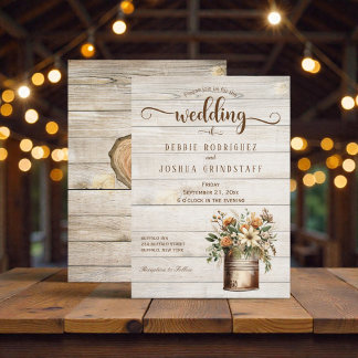 Rustic Flowers on Wood Wedding Invitation