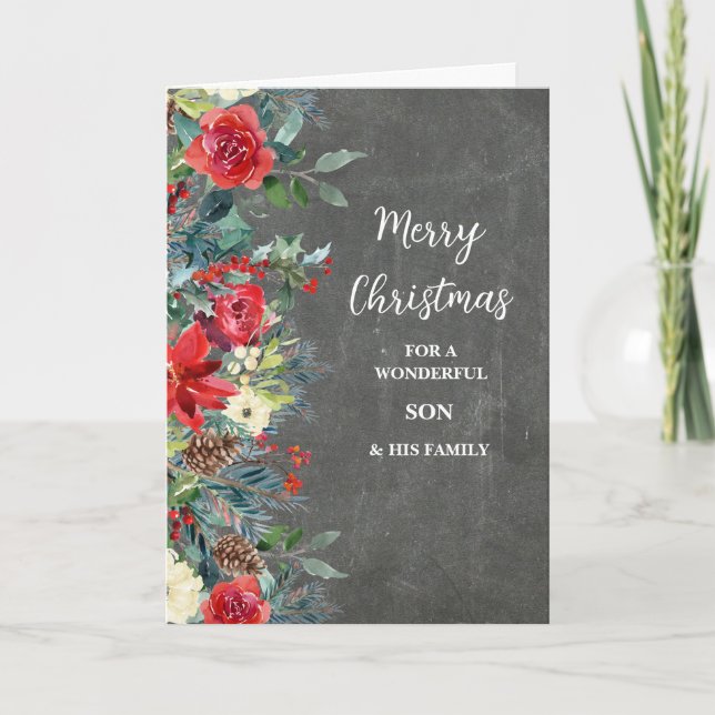 Rustic Flowers Son & Family Merry Christmas Card (Front)