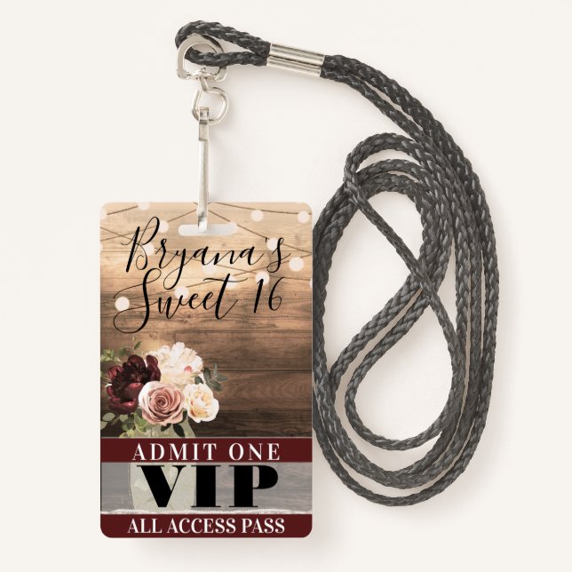 Rustic Flowers & String Lights Sweet 16 VIP Pass Badge (Front with Lanyard)