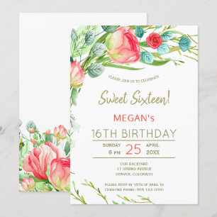 Rustic flowers watercolor modern sweet sixteen invitation