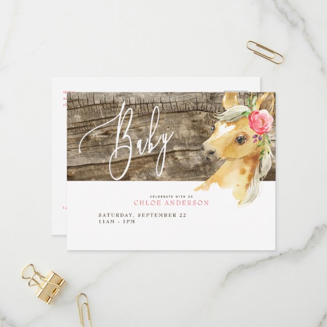 Rustic Foal Baby Girl Shower Invitation Carte post (Devant/Arrière en situation)