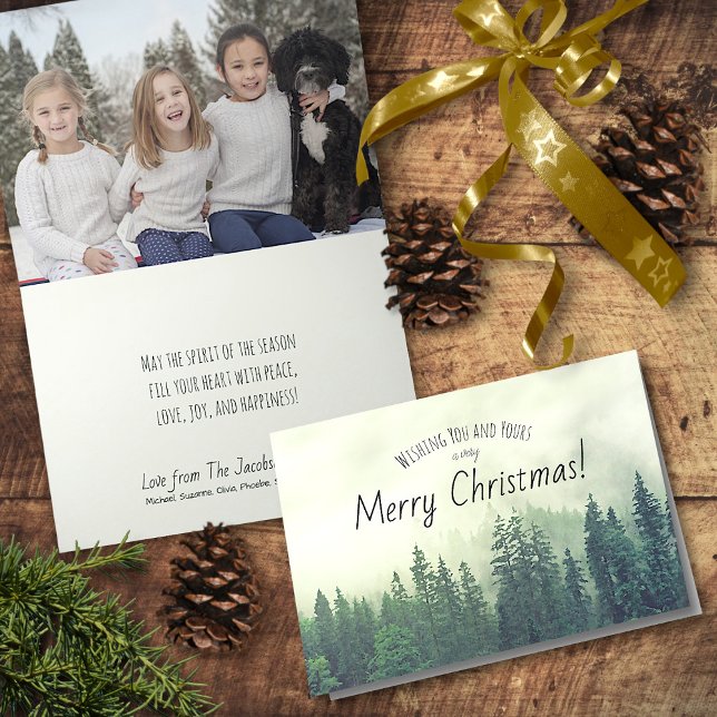 Rustic Foggy Mountain Pines Merry Christmas Photo Holiday Card (In Situ Front/Inside)