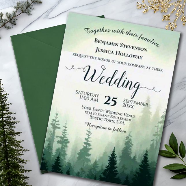 Rustic Foggy Woodland Adventure Pines Wedding Invitation (Creator Uploaded)