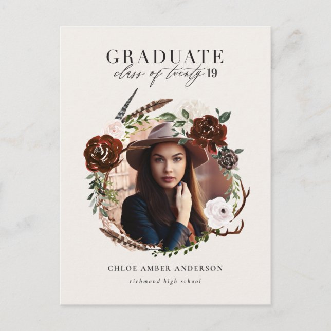 Rustic foliage and antler photo graduation announcement postcard (Front)