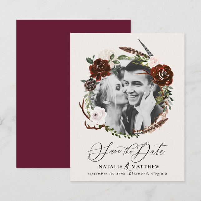 Rustic foliage and antler save the date announceme announcement (Front/Back)