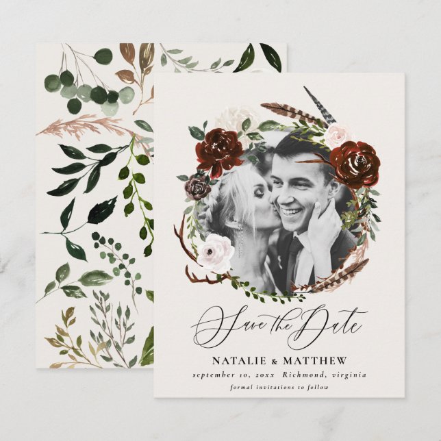 Rustic foliage and antler save the date announcement (Front/Back)