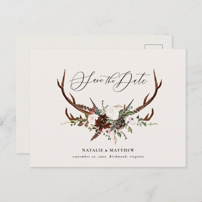 Rustic foliage and antler save the date announcement postcard (Front/Back)