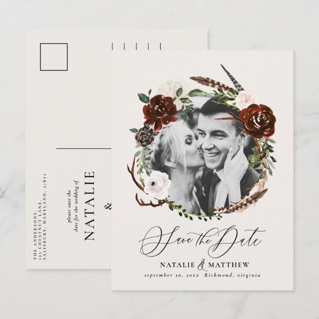 Rustic foliage and antler save the date announcement postcard (Front/Back)